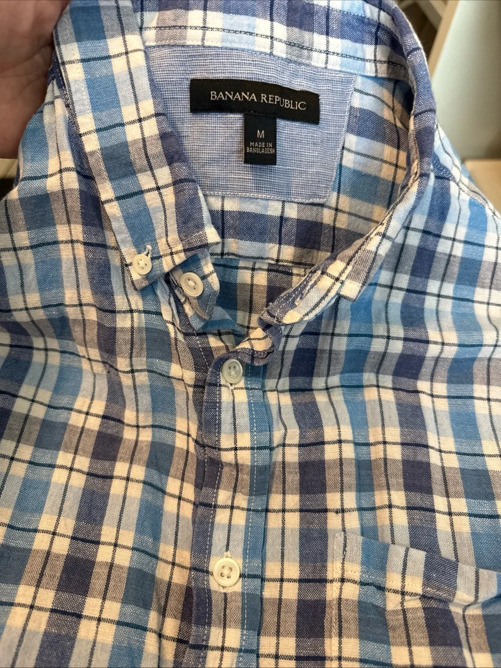 Banana Republic Blue Plaid Short-Sleeve Button-Down Shirt - Linen/Cotton Blend